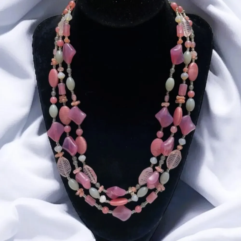 Vintage Multi-Strand Pink & White Quartz, Carved Glass Beads Cascading Necklace